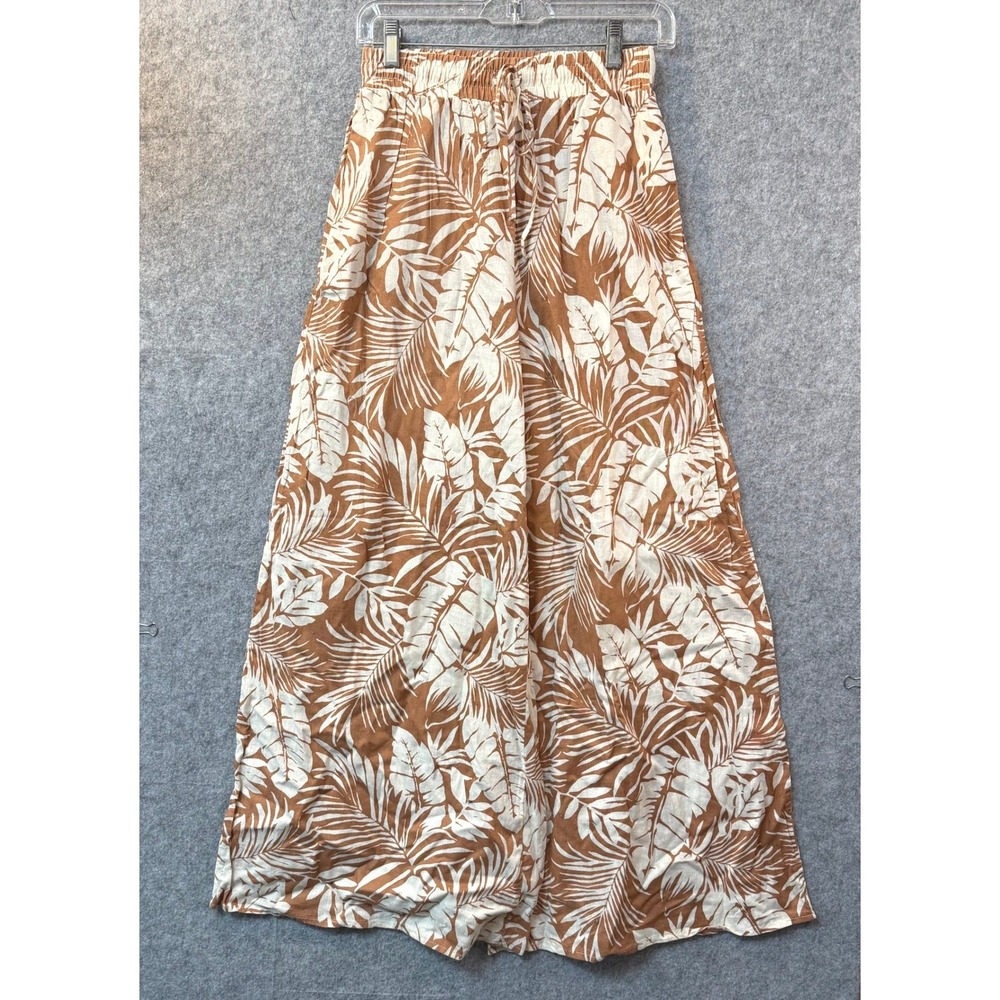 Forever 21 Women Tan White Tropical Palm Leaf Linen Blend Wide Leg Pants Small